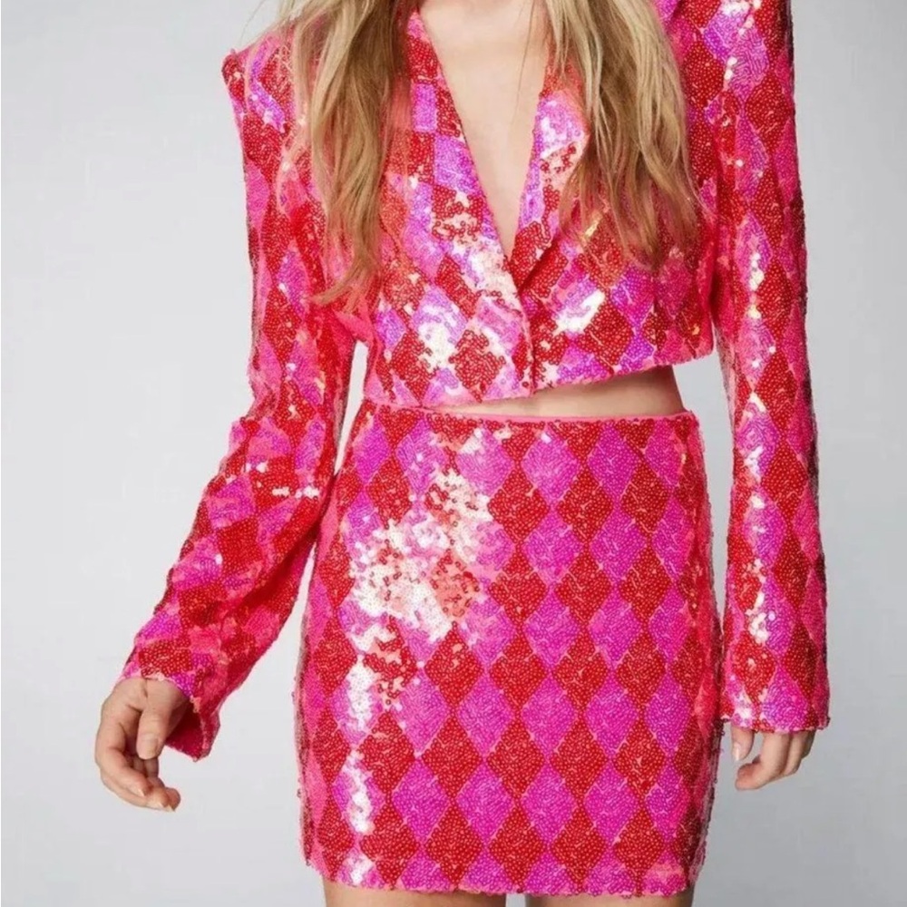 Nasty Gal sequin blazer and skirt set pink and red checked size 6